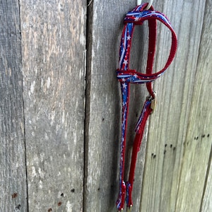 May include: Red, white, and blue patterned dog leash with silver clips hanging on a white hook.