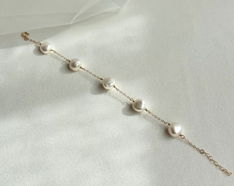 Echte barokke parel gouden schakelarmband, verstelbare parelarmband met kralen, sierlijke gelaagde armband, bruids parelarmband