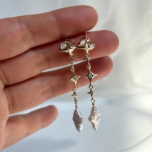 Four Point Freshwater Gold Star Pearl Earrings, Long Drop Elegant Dangle Earrings, Baroque Natural Pearl Earrings, Zircon Earrings