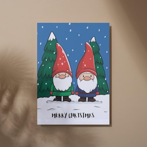 Niedliche Weihnachts Wichtel Karte / Lustige Feiertags Grußkarte / Frohe Weihnachten Karte mit Schnee & Wichtel Paar