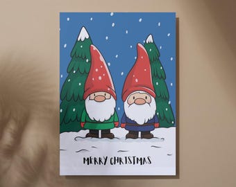 Cute Christmas Gnomes Card / Funny Holiday Greeting Card / Merry Christmas Card with Snow & Gnome Couple