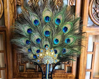 Peacock Feather Round Fan Ancient Gorgeous Tassel Round Fan Hanfu Dance Fan Bridal Face Covering Fan (Naturally Shedding Feathers)