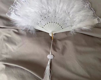 Medieval retro feather fan, dance folding fan as photo posing prop, cheongsam catwalk folding fan, tassel feather fan.