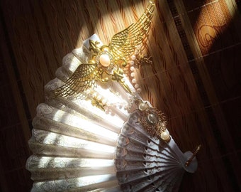 Medieval ornate angel wing folding fan, dancing folding fan photo prop, gem and pearl angel wing folding fan.