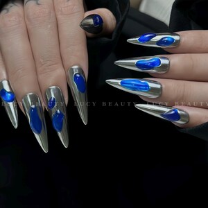 Silver Chrome Nails,Custom Blue Press On Nails,Metallic Nails,Goth Y2K Press On Nails, Vacation Party Nails, Long & Short Nails,Party Nails