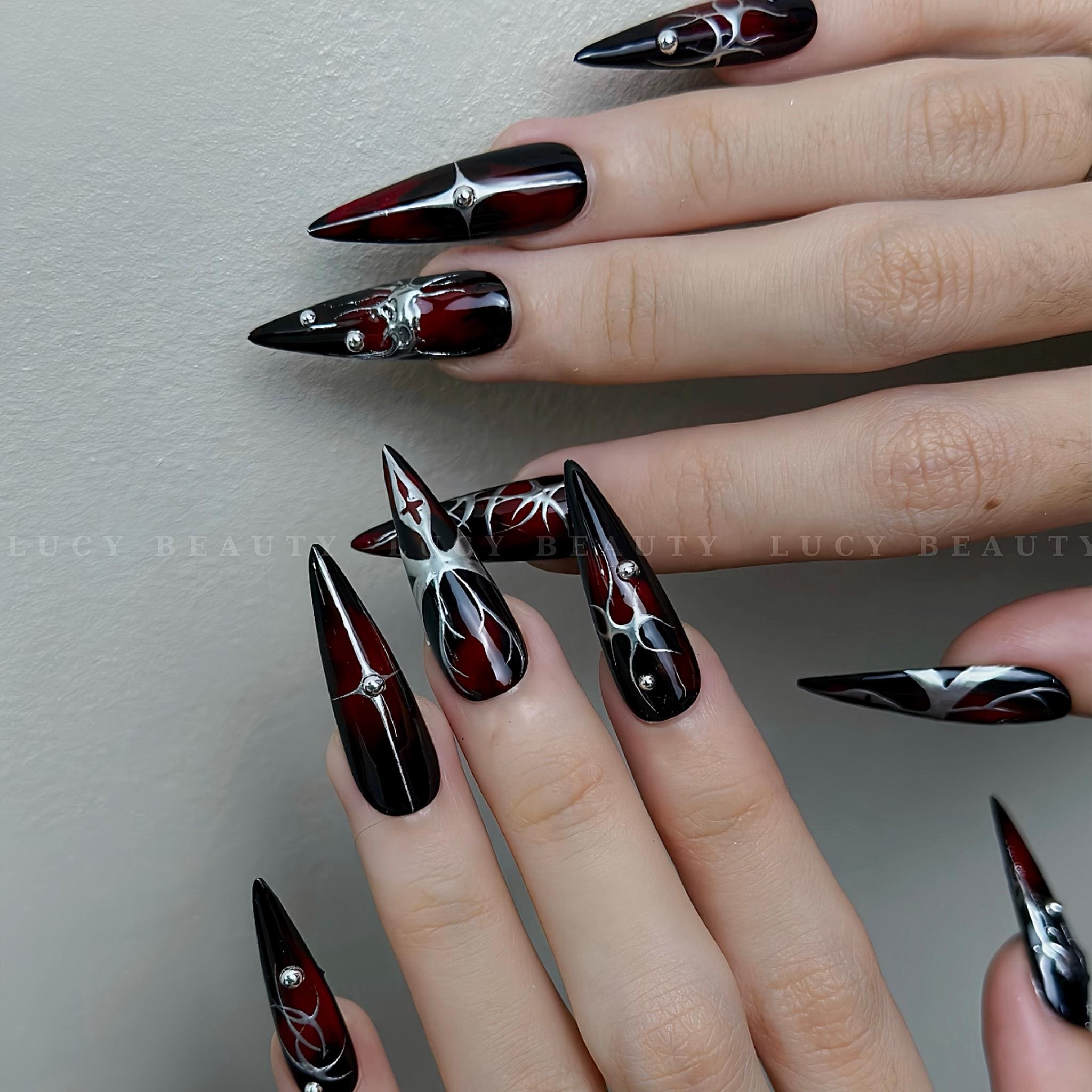 red nails with black dress BABALAL Press on Goth Fake Nails Medium Almond Glue ons Metallic Spider Charm Design Halloween 24Pcs Stiletto Glossy Handmade Manicure Acrylic False Nails : Beauty & Personal Black Red Ombre Press on