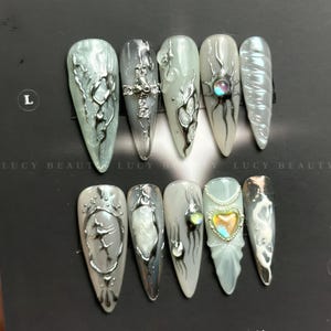 Y2k White And Silver Chrome Nails/ Freehand Painted Gel Press On Nails| Unique Design For Party Nails| Faux Acrylic Nails