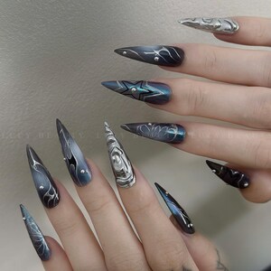 3D Gel Blue Press On Nails/Y2K Chrome Nail   Handpainted Nail/ Chrome nail/ Event/Birthday/ Prom/ Holiday Nails Art/ Gift For Her