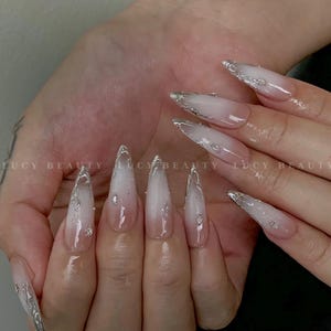 Pink And White Nails| Ombre Gel Press On Nails | Custom Press On Nails | Press Ons Luxury Gel Nails Chrome| Unique Design For Party Nails