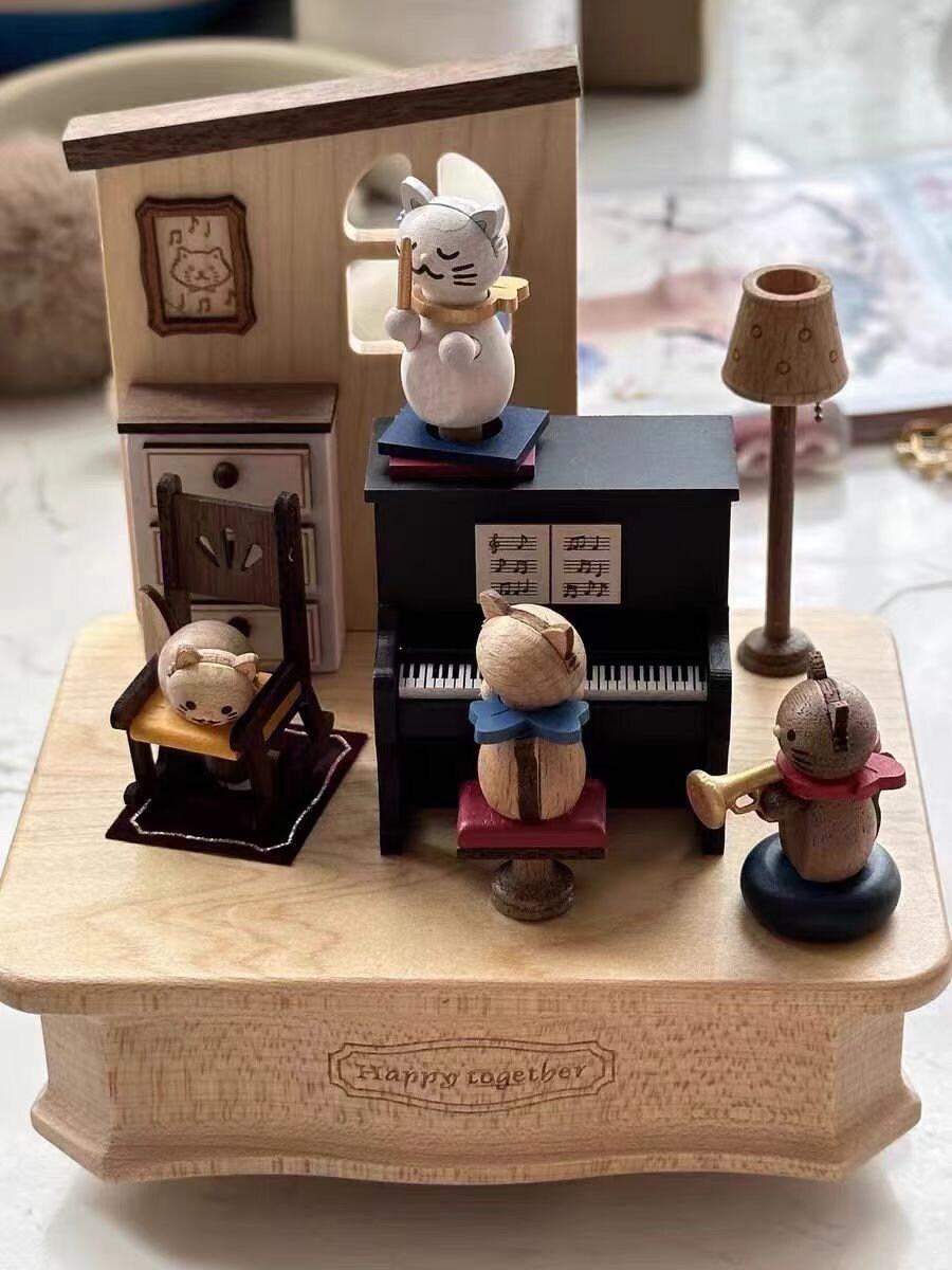 Wooden Cat Band Music Box, Handmade Animal Craft - Etsy