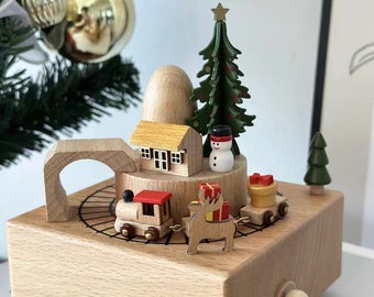 Boîte à musique en bois [train d'arbre de Noël], boîte à musique en bois train de Noël, boîte à musique en bois.