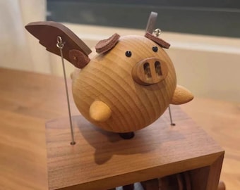 Exquisite wooden hand-cranked music box [Piggy Music Box] Wooden hand-cranked piggy music box desktop ornament gift.