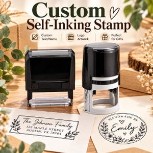 May include: Two black self-inking stamps, one rectangular and one circular. The rectangular stamp prints a label with 'The Johnson Family, 123 Maple Street, Austin, TX 78704' in a floral border. The circular stamp prints 'Handmade by Emily'.