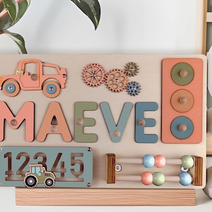 Name Puzzle Busy Board: Wooden Sensory Toy, Nursery Decor Gift