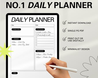 May include: A digital daily planner on a tablet screen with a hand holding a stylus. The planner has sections for today's goal, top priorities, schedule, appointments, and notes. The text "NO.1 DAILY PLANNER" is at the top of the screen. The text "INSTANT DOWNLOAD", "SINGLE PG PDF", "PRINT OUT OR USE DIGITALLY", and "MINIMALIST DESIGN" are listed on the right side of the screen.