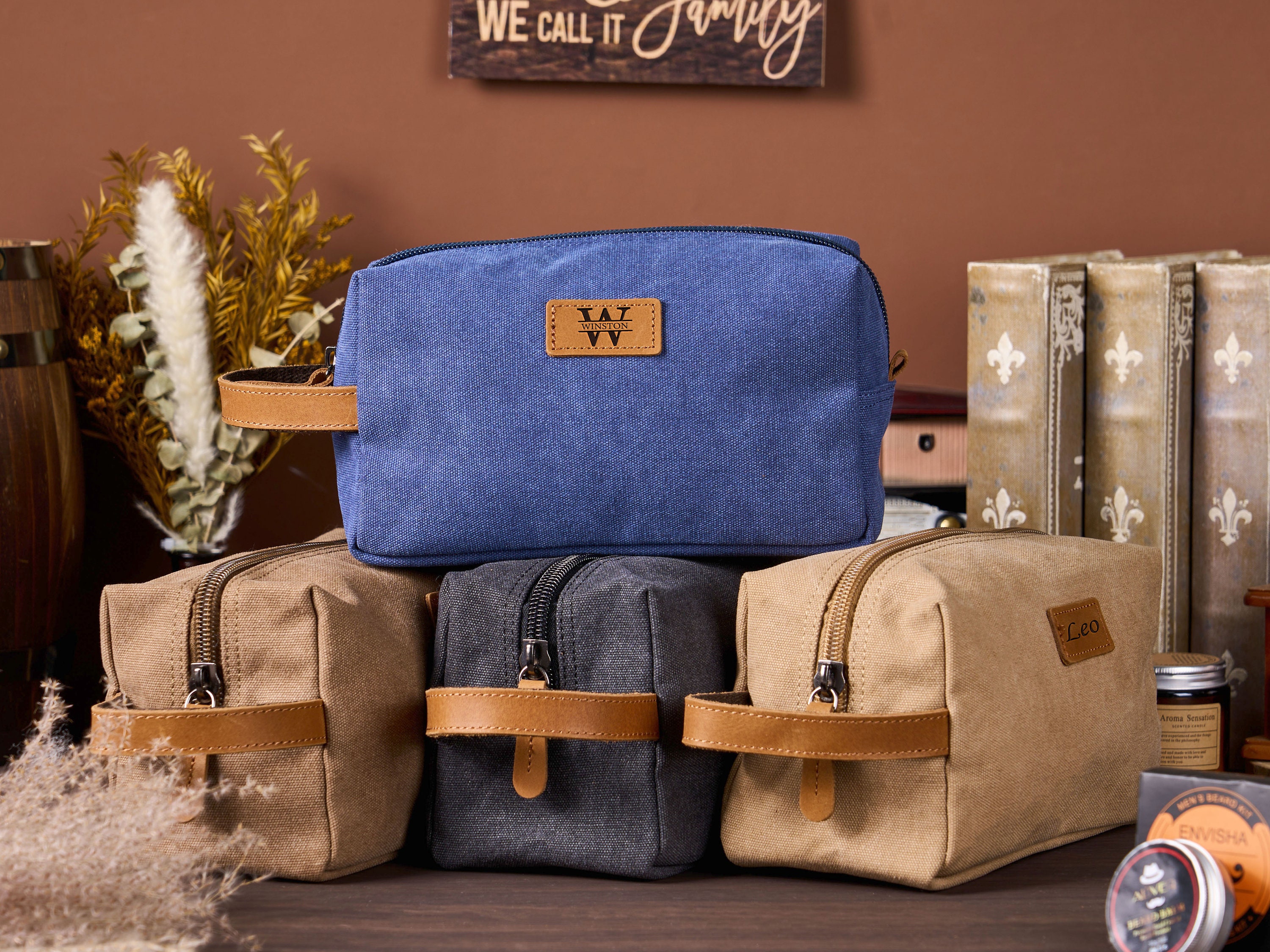 Personalized Canvas Toiletry Bag Men's Shaving Bag Leather Dopp Kit Gifts for Him Engraved Men's ...