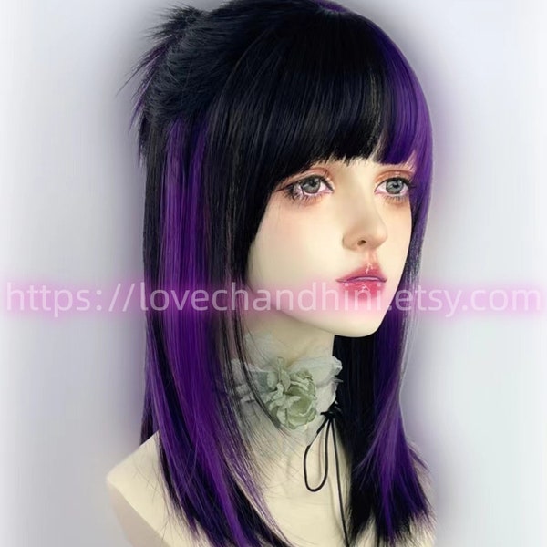 Black and purple short wigs, purple bangs short wigs, cool mullet wigs for girls.