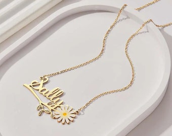 Custom Daisy Flower Letter Name Necklace | Dainty Nameplate Necklace | Arabic Daisy Name Necklace | Silver Name Necklace |Gold Name Necklace