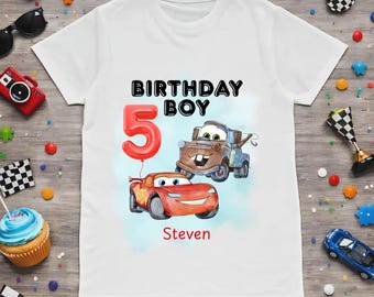 Personalised Disney Cars Birthday Boy T-Shirt Any Age Birthday Party Lightning McQueen Mater 1 2 3 4 5 6 7 8 Custom