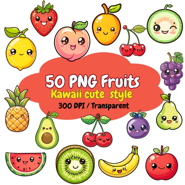 Kawaii fruits png, cute fruits clipart, summer fruits png, tropical fruits clipart, kawaii fruit clipart, cute fruit, 50 PNG, Commercial Use