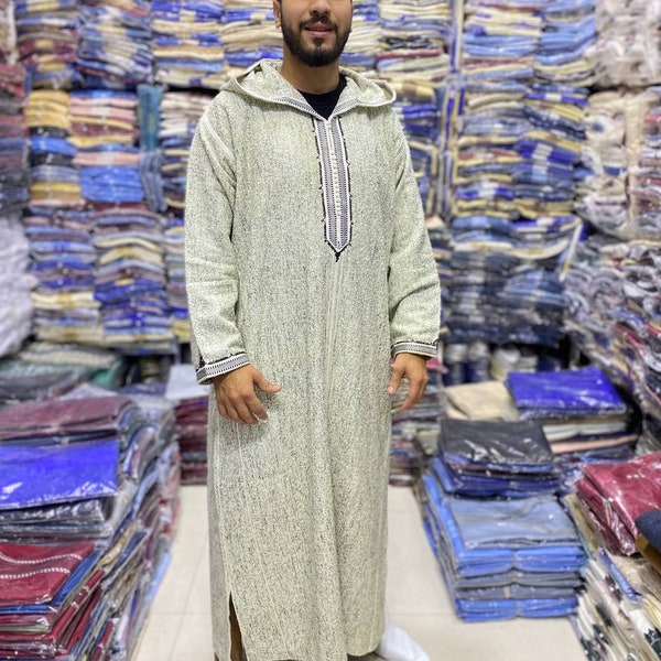 Traditional moroccan djellaba, Berber clothing kaftan for men, Striped White & Blue sky djellaba men wool, Moroccan dress djellaba wool