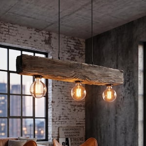 Plafonnier fumé 3xE27, lustre poutre en bois 60 cm, suspension style loft industriel, artisanat rustique, plafonnier en bois