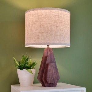 Modern Table Lamp, Wood Desk Lamp, Handcrafted Walnut Bedside Light, Art Deco Style with Linen Shade