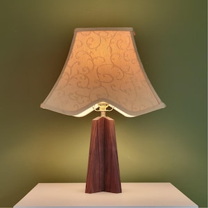 Wood Table Lamp with Vintage Shade, Handcrafted Small Cottagecore Bedside Lamp, Walnut Base, Bell-Shaped Victorian Lampshade