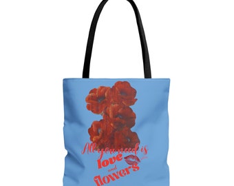 Light Blue Tote Bag Red Poppy