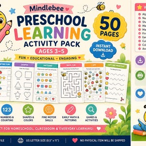 Peut inclure: Un pack d'activités d'apprentissage préscolaire Mindlebee de 50 pages pour les 3-5 ans. Le fichier PDF numérique comprend le traçage de l'alphabet, le comptage, les formes, les motifs, des labyrinthes, des jeux et du découpage.