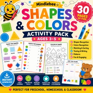 May include: A Mindlebee Shapes & Colors Activity Pack featuring 30 pages of educational content for ages 3-5. The cover displays a cartoon bee, colorful text, and sample worksheets including shape tracing, matching, coloring, and sorting exercises.