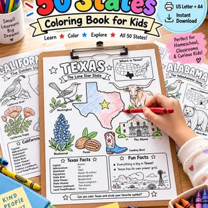 May include: A 50 States Colouring Book for Kids featuring a Texas activity page with a map, state symbols like the bluebonnet and longhorn, and fun facts. The page includes sections for state capital, bird, flower, and landmarks, with a hand colouring.