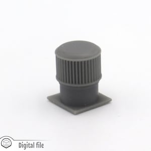 Könnte beinhalten: Ein graues Plastikmodell eines kleinen Lüfters mit quadratischem Sockel und zylindrischem Oberteil mit Gitterdesign.
