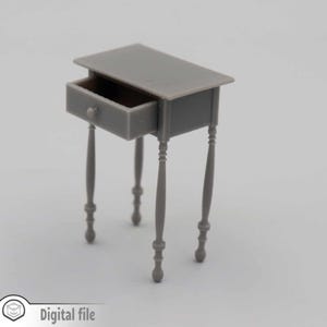 May include: A small gray wooden table with a single drawer and turned legs. The table is about 12 inches tall and 10 inches wide.