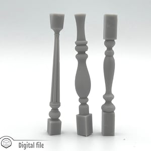 May include: Three gray plastic balusters, each with a different design. The balusters are approximately 10 cm tall.