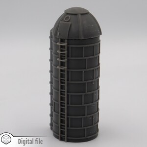 May include: A grey plastic model of a silo with a ladder on the side. The silo has a domed roof with a small opening.
