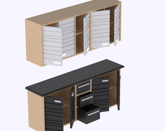 May include: Two wooden cabinets with black and white doors. The top cabinet has white doors and the bottom cabinet has black doors. Both cabinets have shelves inside.