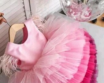 Pink Feathers Girl Dress Flower Girl Dress First Birthday Outfit Pink Girl Dress Toddler Party Dress Fancy Dress Photoshoot Feathers Dress