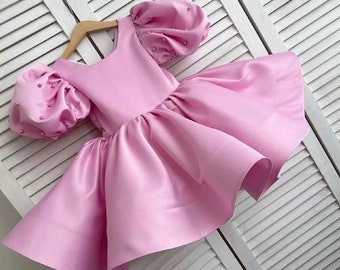 Pink Birthday Dress,Fancy Sleeves  Birthday Dress for Girl, Flower Girl Dress for Birthday Occasions, Pink 1st Birthday Outfit