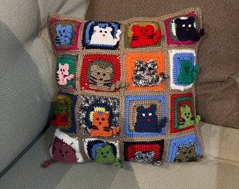 Handmade Crochet Cat Figure Pillow, Pillow Cover, Crochet Cat Figure Pillow, Gifts for Her, Gifts for Cat Lovers, Cushion Cover, Knit Pillow