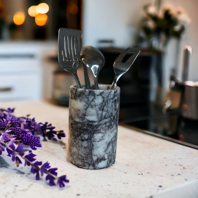 Lilac / White Marble Utensil Holder Kitchen Organizer Utensil Storage