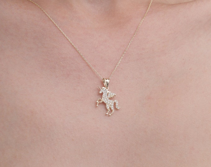 14K Gold Unicorn Necklace, Tiny Unicorn Necklace, Stone Unicorn Necklace, Unicorn Jewelry, Minimalist Necklace, Animal Necklace