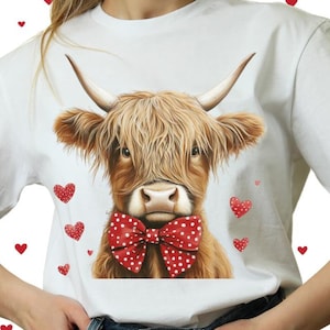 Cute Highland Cow PNG, VDay Heart Coquette Png, Highland Cow with Red Bow, Retro Valentine Cow, Valentine Heart, Cute Cow Sublimation Design
