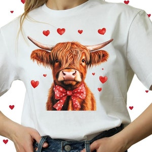 Cute Highland Cow PNG, VDay Heart Coquette Png, Highland Cow with Red Bow, Retro Valentine Cow, Valentine Heart, Cute Cow Sublimation Design