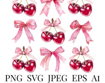 Cherry PNG Clipart, Pink Bow Coquette PNG, Coquette Bow Clipart, Aesthetic SVG, VDay Digital Download, Cute Social Club svg