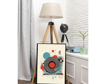Póster abstracto japonés de disco de vinilo, lámina de pared retro con diseño de tocadiscos.