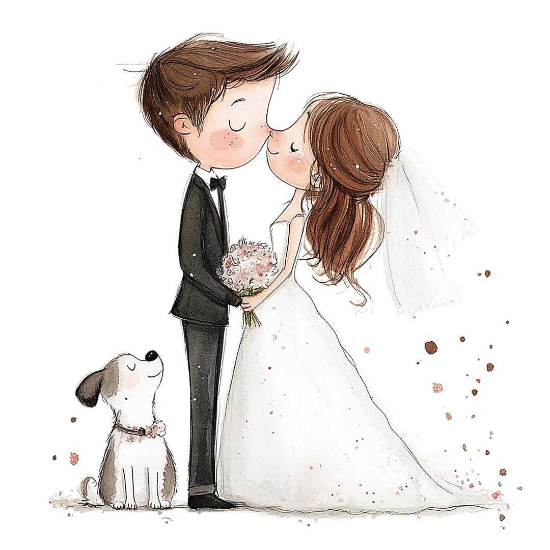 Clipart di coppia di sposi stravaganti: sposa, sposo e cane