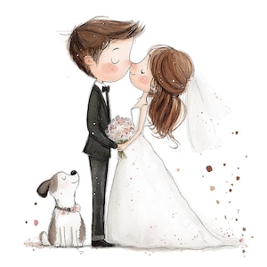 20 Cute Whimsical Wedding Couple Clipart, Bride and Groom with Dog PNG, Watercolour Love Couple SVG, Marriage Digital Images, JPEG Set