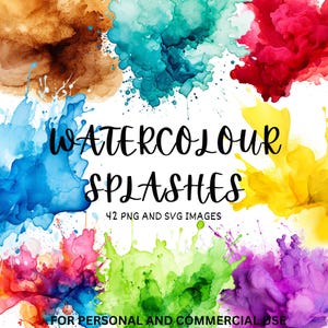 May include: A digital graphic showcasing watercolour splashes in shades of blue, red, yellow, green, and purple. The text "WATERCOLOUR SPLASHES" is written in a handwritten font, with "42 PNG AND SVG IMAGES" below it.