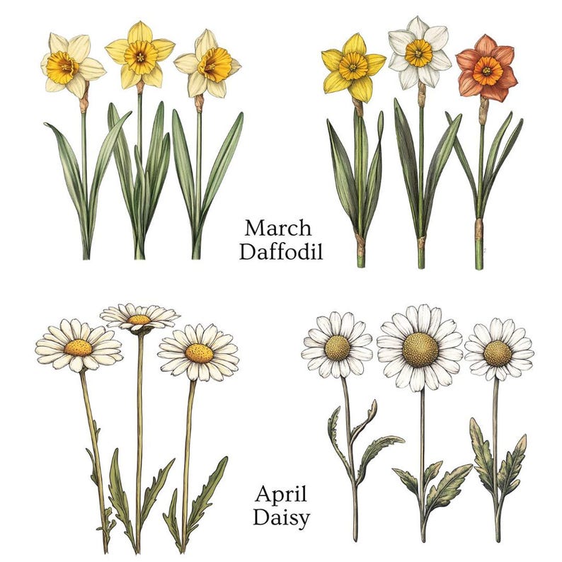 Two rows of flower illustrations, with yellow and orange daffodils labeled "March Daffodil" and white daisies labeled "April Daisy."